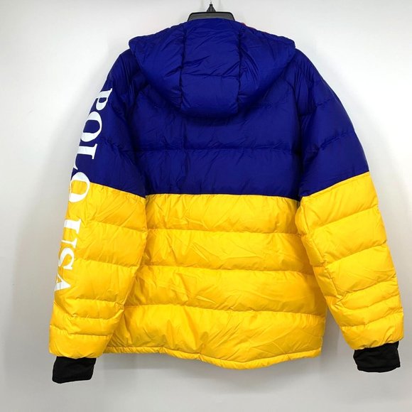 Polo Ralph Lauren Puffer Jacket Down Fill Glacier Hooded Yellow Blue - Picture 9 of 16
